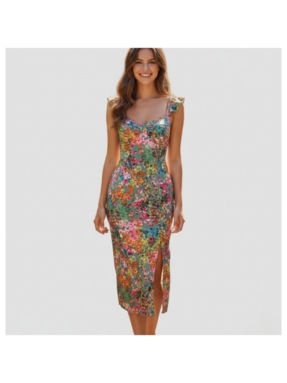 Floral Print A-Line Split Midi Dress